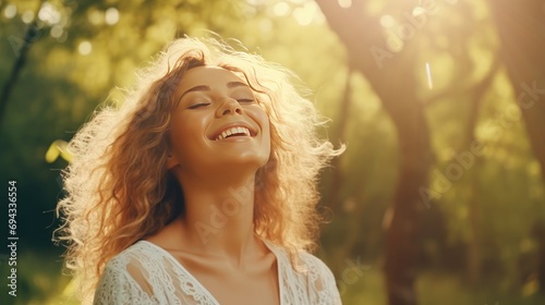 Happy woman surrounded by nature feels world around closes eyes taking deep breath. Smiling Caucasian woman enjoys freedom feeling happy with closed eyes and taking deep breath. Love inside you.