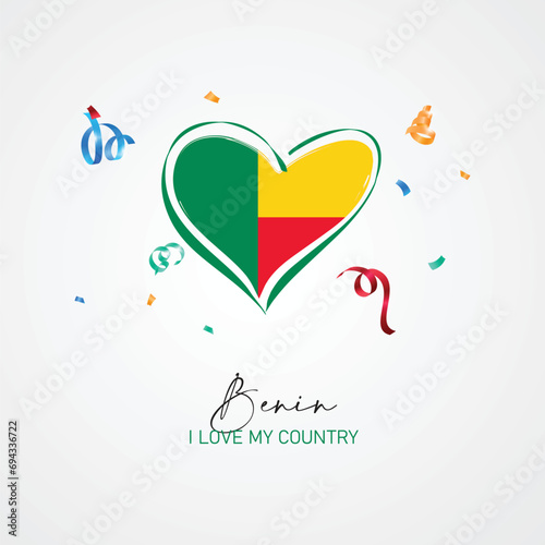 Benin flag with a heart shape, with I love my country slogan for Benin Independence Day. Vector illustration.