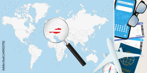 Austria is magnified over a World Map, illustration with airplane, passport, boarding pass, compass and eyeglasses.