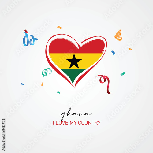 Ghana flag with a heart shape, with I love my country slogan for Ghana Independence Day. Vector illustration.