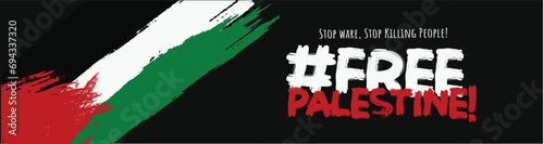 Free Palestine. Palestine Flag Stop War, Stop Killing people. Save Palestine Greeting Card, Banner, Wallpaper, Cover for social media Awareness. Palestine flag watermark with black background