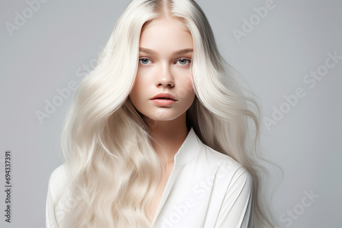 Young woman with long hair on white background. Glossy wavy white hair, copy space 