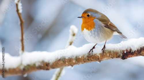 stockphoto, stockphoto, eurasian robin sitting on a snowy branchCopy space available. Wildlife photography. Cold winter time.