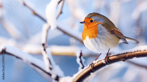 stockphoto, stockphoto, eurasian robin sitting on a snowy branchCopy space available. Wildlife photography. Cold winter time. © Dirk