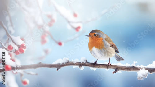stockphoto, stockphoto, eurasian robin sitting on a snowy branchCopy space available. Wildlife photography. Cold winter time.