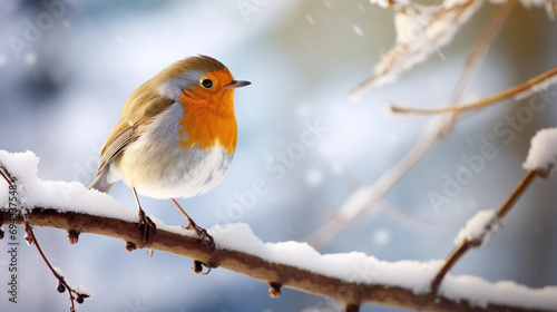 stockphoto, stockphoto, eurasian robin sitting on a snowy branchCopy space available. Wildlife photography. Cold winter time. © Dirk