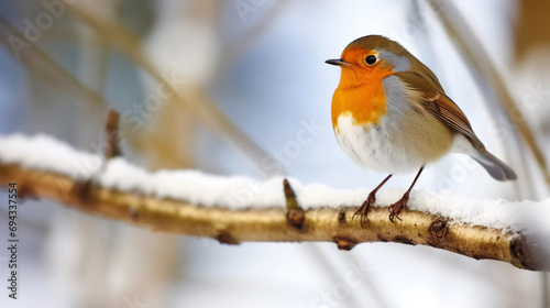 stockphoto, stockphoto, eurasian robin sitting on a snowy branchCopy space available. Wildlife photography. Cold winter time.