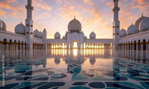Abu Dhabi, UAE, Sheikh Zayed Grand Mosque in the Abu Dhabi, United Arab Emirates on a sunset view background. Generative AI 