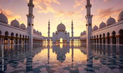 Abu Dhabi, UAE, Sheikh Zayed Grand Mosque in the Abu Dhabi, United Arab Emirates on a sunset view background. Generative AI  © The Picture Show