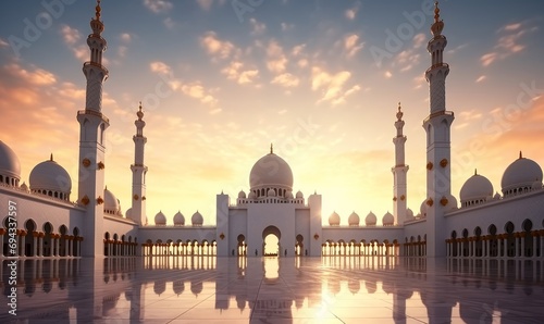 Abu Dhabi, UAE, Sheikh Zayed Grand Mosque in the Abu Dhabi, United Arab Emirates on a sunset view background. Generative AI 