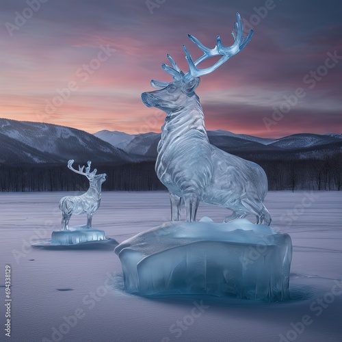 Frozen landscape with ice sculptures of animals.