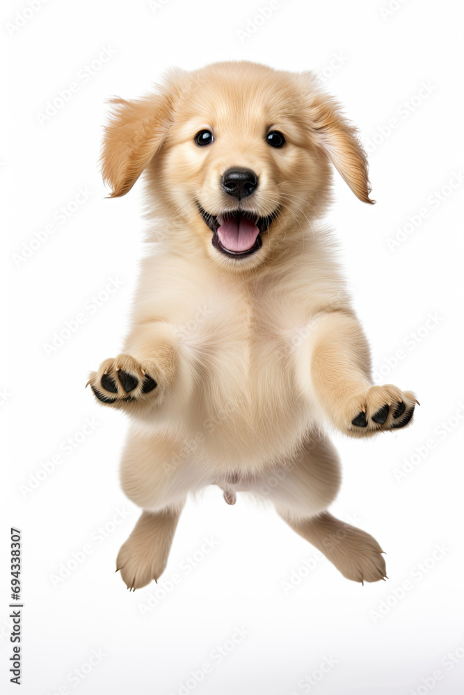 Golden Retriever puppy with happy face jumping pose isolated on white background created with Generative AI Technology