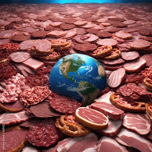 The planet Earth completely covered in meat.