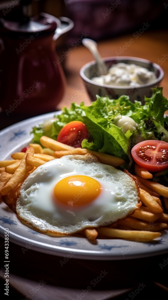 Fried eggs with French fries and salad with tomato and cheese on a plate, with sauce, served on a wooden table at home or in a restaurant or brasserie, family simple cooking, delicious fresh food Fried eggs with French fries and salad with tomato and cheese on a plate, with sauce, served on a wooden table at home or in a restaurant or brasserie, family simple cooking, delicious fresh food