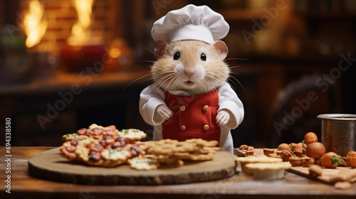 Hamster in chef uniform with Pizza on wooden table created with Generative AI Technology 