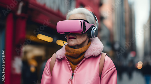 stylish old womam is wearing VR on the street  photo