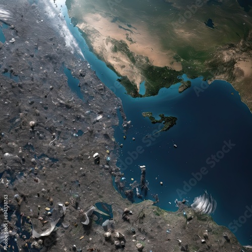 A view of Earth from space, heavily littered with human waste, showing landfills overflowing and oceans cluttered with plastic and garbage.
