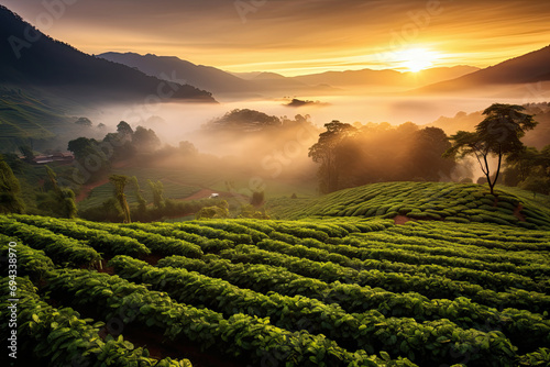 beautiful view of a coffee plantation misty morning sunrise photo