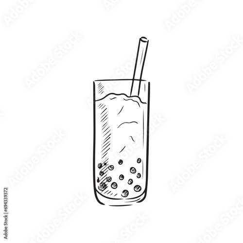 Trendy tasty bubble tea in black isolated on white background. Hand drawn vector sketch illustration in doodle vintage engraved style. Cute ice drink, bar concept in glass. Sweet fresh beverage.