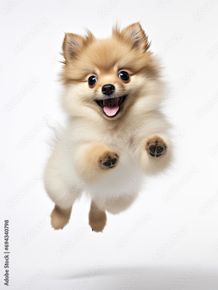 Pomeranian puppy with happy face jumping pose isolated on white background created with Generative AI Technology   