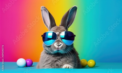 Cool bunny with sunglasses on colorful background. Generative AI 