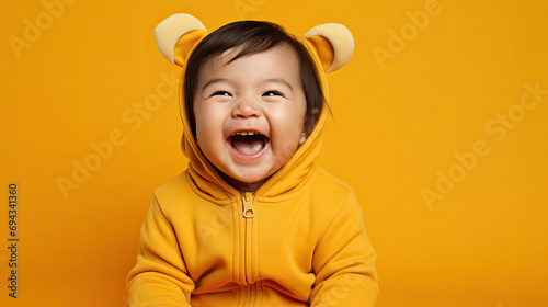 Portrait of a happy smiling Asian baby in yellow clothes and background created with Generative AI Technology
