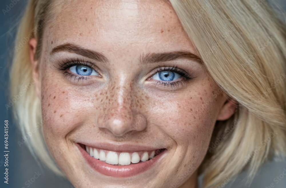 Portrait of a beautiful blonde smiling woman.Freckles, blue eyes.Short haircut.Close-up.Authentic appearance.Fashion glamour art.