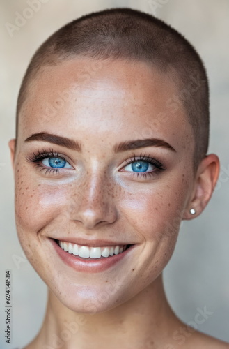 Portrait of a beautiful blonde smiling woman.Freckles, blue eyes.Very short haircut.Close-up.Authentic appearance.Fashion glamour art.