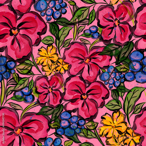 Watercolor seamless pattern with spring floral bouquets. Vintage botanical illustration. Elegant decoration for any kind of a design. Fashion print with colorful abstract flowers. Watercolor texture.	
