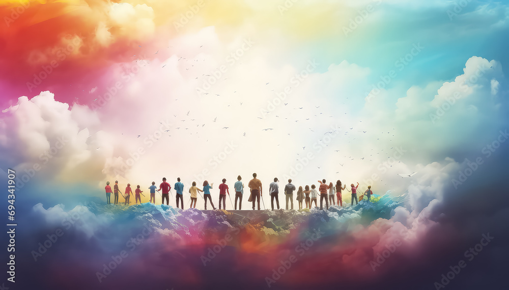 Group of people in rainbow clouds