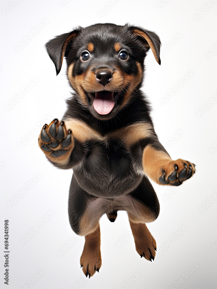 Obraz premium Rottweiler puppy with happy face jumping pose isolated on white background