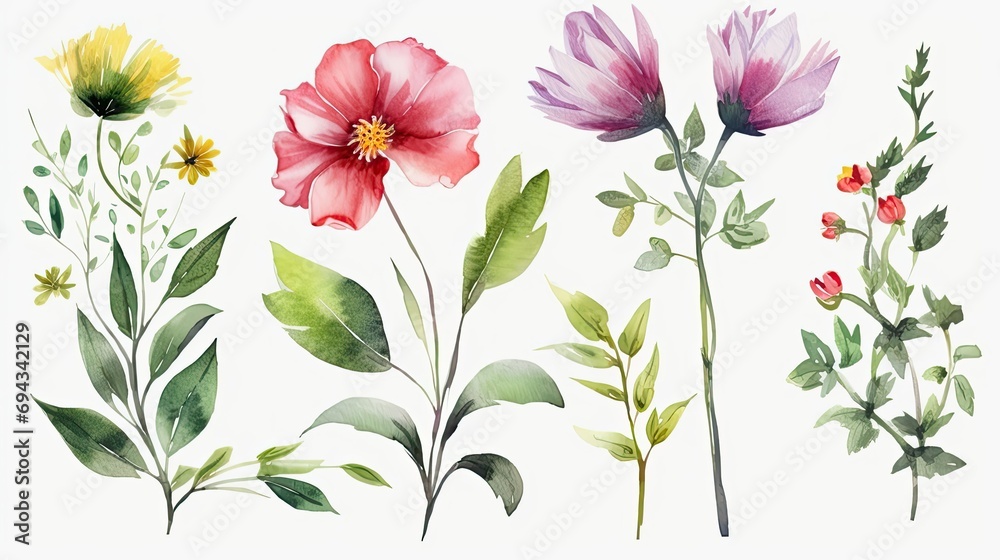Watercolor Floral Set on White Background: 4K Realistic Beauty