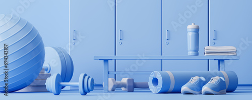 Gym lockers and sport equipment over blue photo
