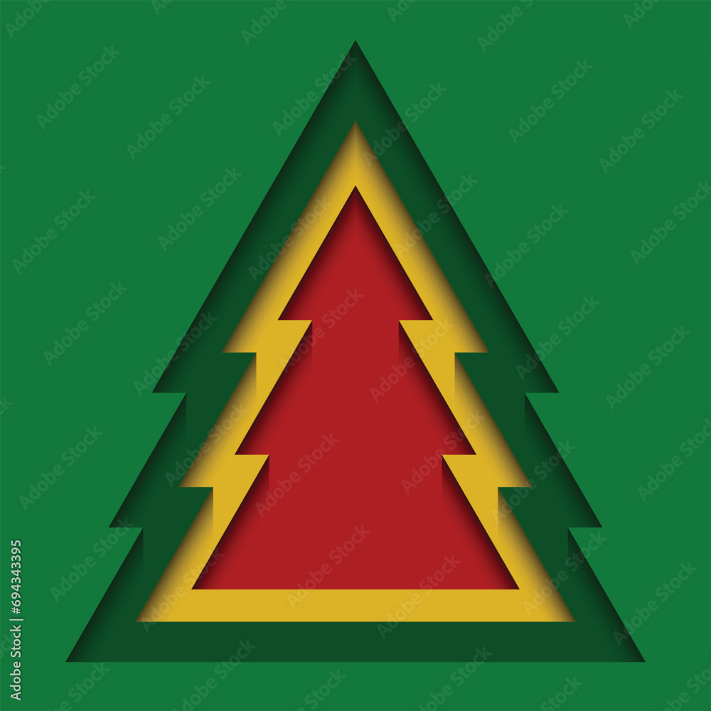 Obraz premium Paper cut into the shape of a green, yellow, red christmas tree. Layered gradient 3d background. Design elements for greeting cards, banners, posters, backdrops, wallpapers. Vector illustration