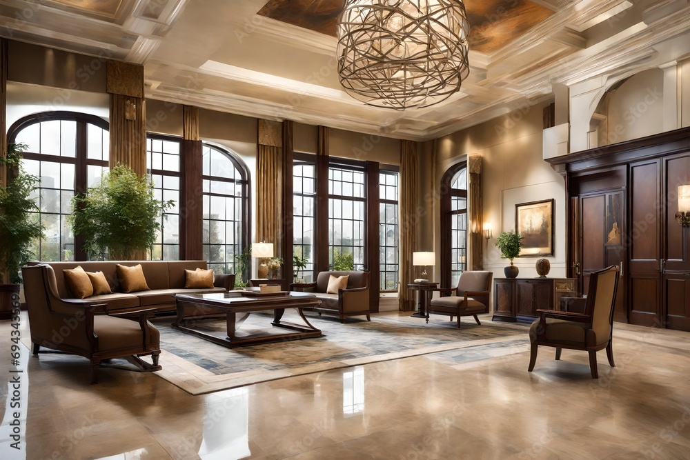 An estate office lobby with a grand entrance, high-end furnishings, and artistic accents, creating an impressive and welcoming first impression for visitors