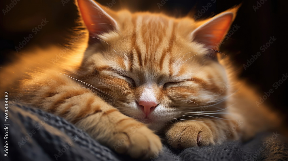 cute yellow cat sleeping soundly curled up while wrapping his tail around his face or using his front paws to cover his face created with Generative AI Technology