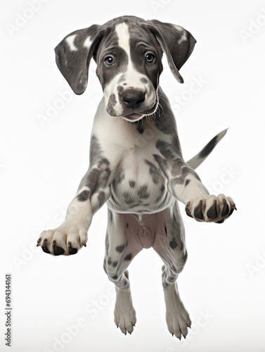 Great Dane puppy with happy face jumping pose isolated on white background created with Generative AI Technology 