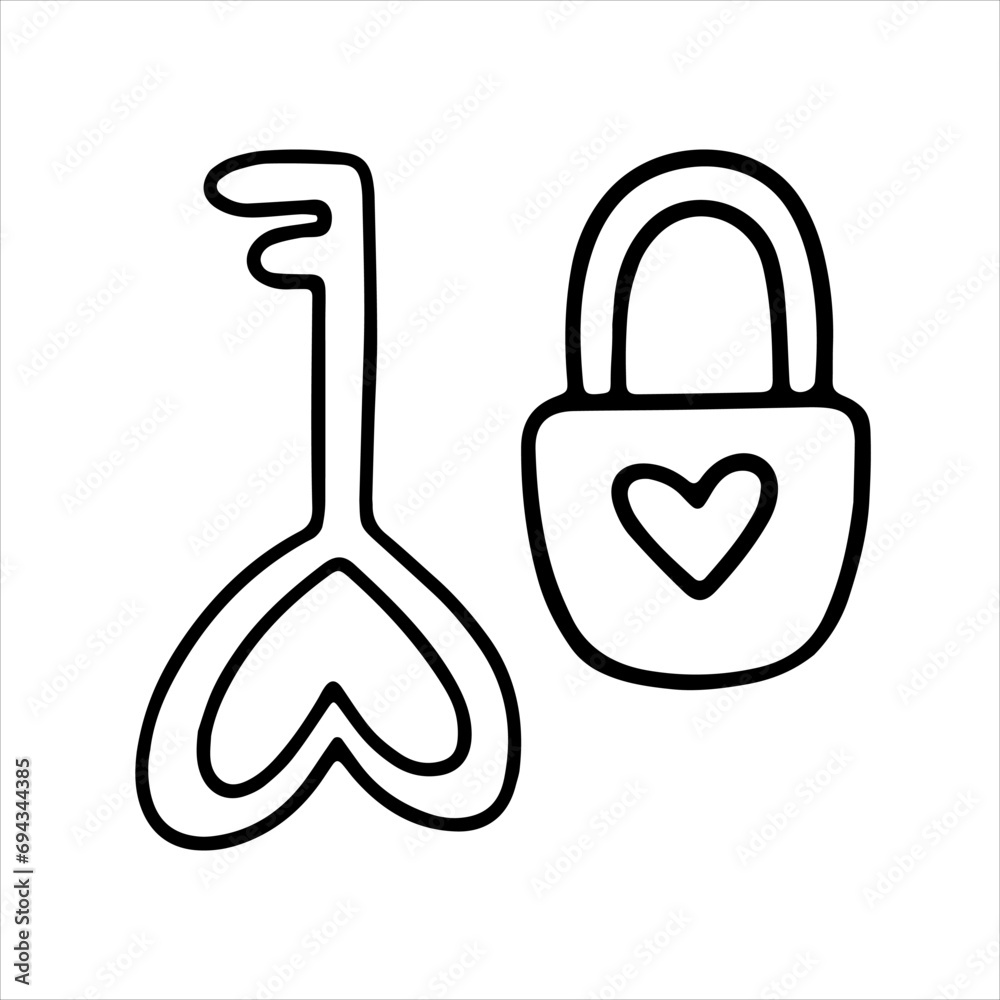 Vector doodle illustration, key and lock with heart. Valentine's Day, wedding