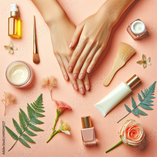 Top view, close up of female hands with manicure, fingers with nail varnish on a pastel pink background. Cosmetics, cosmetology, beauty, hand care, spa, hand treatment, beauty salon concept photo