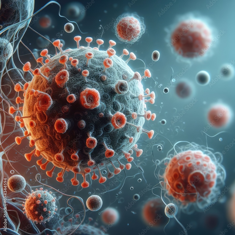 Bacteria, virus, influenza with bokeh background. Cell banner copy space for text. Concept of pandemic, medical risk, illness Bacteria, virus, influenza with bokeh background. Cell banner copy space for text. Concept of pandemic, medical risk, illness