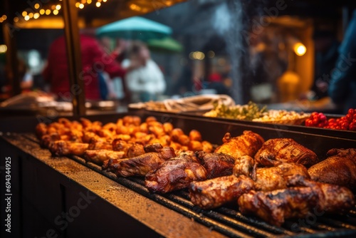 meat and sausage street food at Christmas or easter market closeup. Festival with food court.