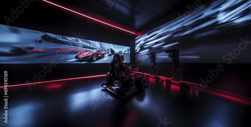 fast moving train, a sim racing room with ambient lighting