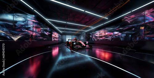 fast moving train, a sim racing room with ambient lighting