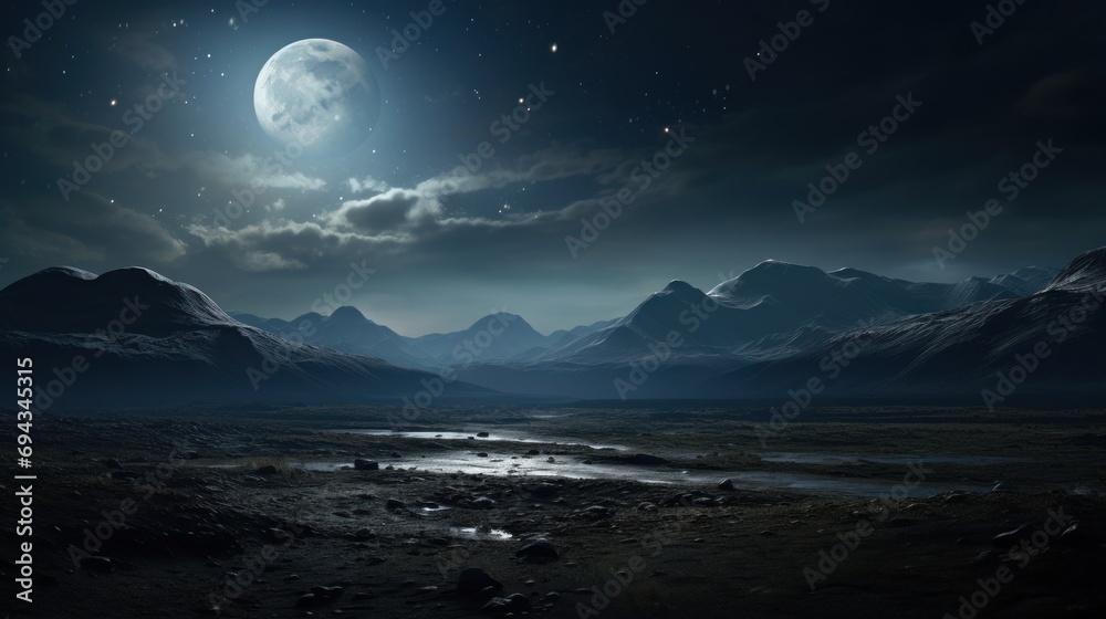 Moonlit Mountainous Landscape with Night Sky