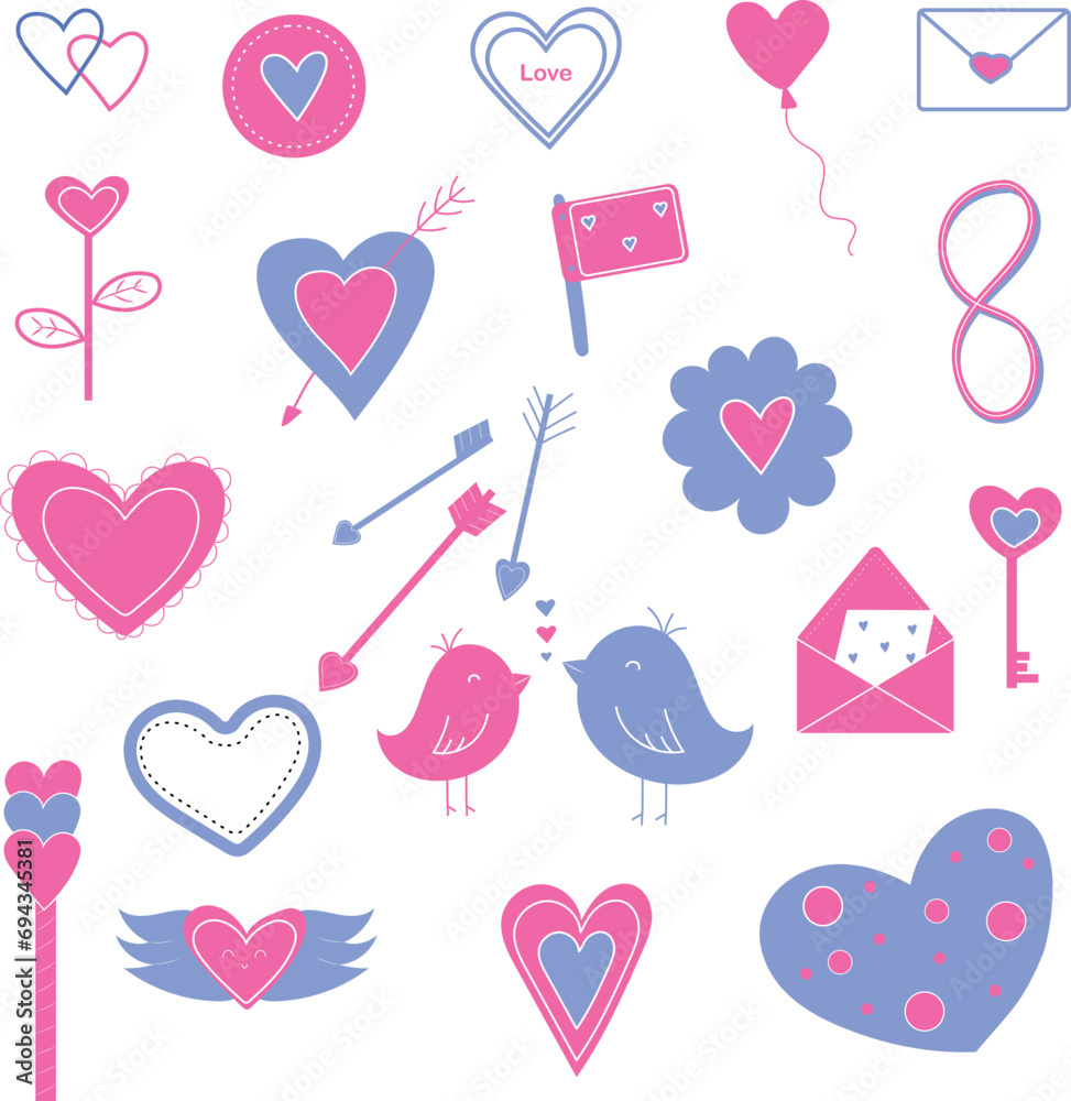 Valentines day set of blue pink elements Valentines day set of blue pink elements