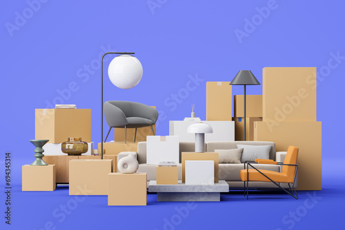 Home furniture and stack of boxes, relocation and moving. Delivery company photo
