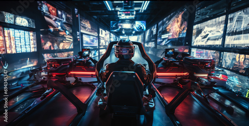 shopping cart in supermarket, racing simulator in the future future realistic photo