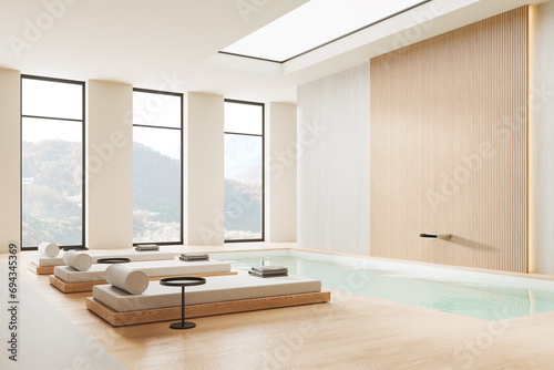 Obraz na plátně White and beige spa interior with loungers and panoramic window