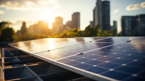 Solar Panels with Urban Skyline at Sunset