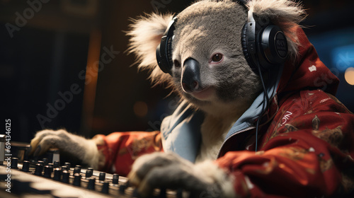A koala using headphones as a rap music producer and DJ mixer created with Generative AI Technology